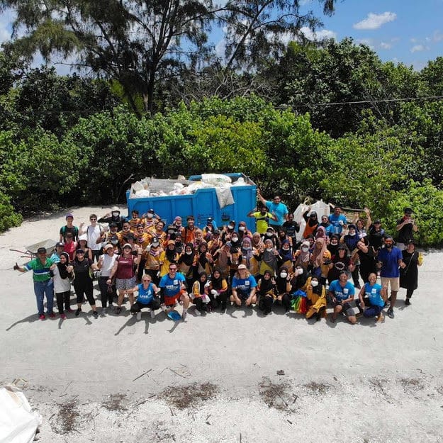 Drone image of a beach cleanup